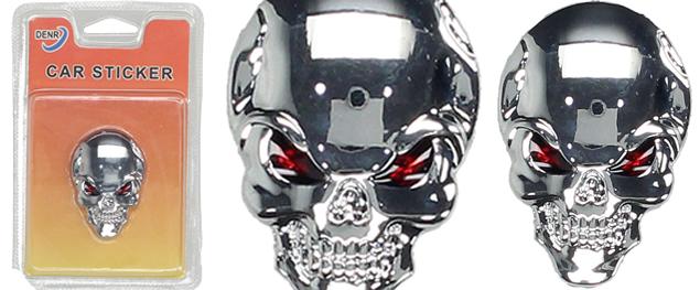 Kovová samolepka lebka – chrom (3,5 × 5 cm)