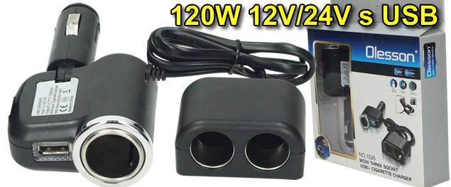 Rozdvojka do autozapalovače Olesson 120W 12V/24V s USB